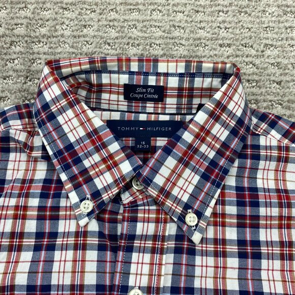 Tommy Hilfiger Shirt Men Size 15 32-33 Slim Fit Blue Red White Plaid Button Down - Picture 3 of 8
